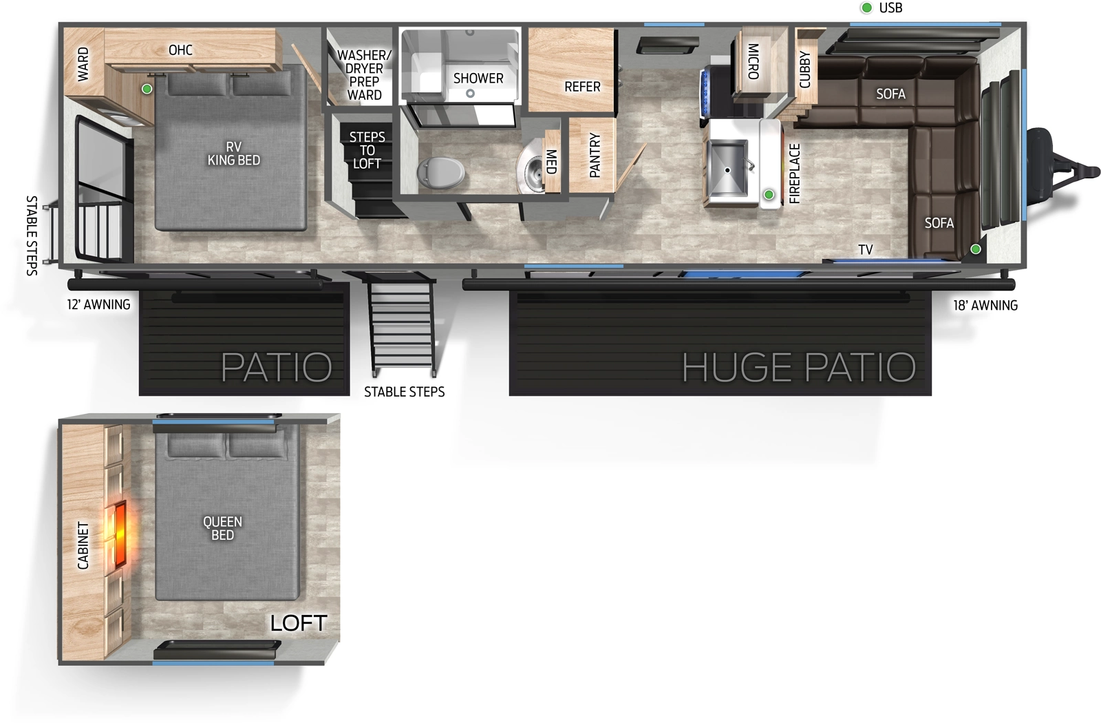 The Cascade 27MDKC floorplan has two entries and zero slide outs. Exterior features include: metal exterior and 12' & 18' awning. Interiors features include: loft, rear bedroom and front living.